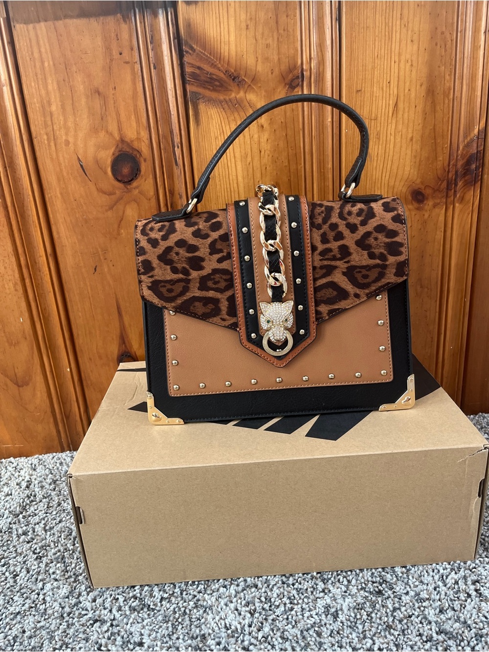 Structured Leopard-Trim Top Handle Bag in Brown
